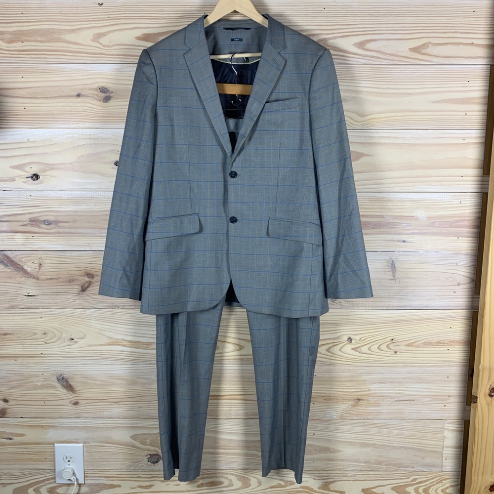Perry Ellis Suit Mens 44R 36x32 Grey Windowpane Plaid Slim Fit